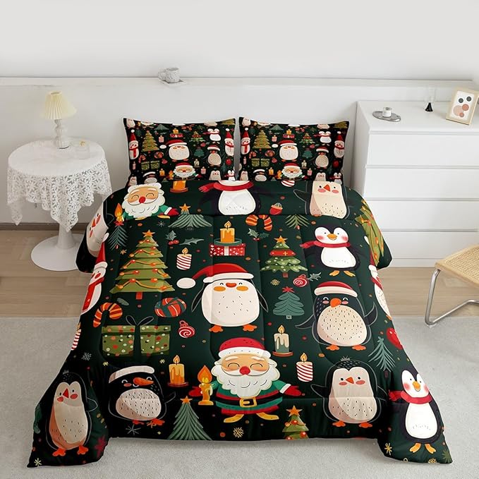 Feelyou Christmas Bedding Set Soft for Boys Girls, Penguin Santa Comforter Set Queen Size Xmas Tree Snowflake Duvet Quilt Microfiber New Year Gift Bedroom Decor 3 Pcs with 2 Pillow Cases