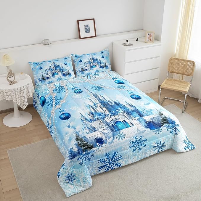 Dreamy Castle Full Size Comforter Set,Princess Blue Winter Snowflakes Bedding Comforters Bedroom Collection,Fairy Tale Theme Watercolor Christmas Bedding Set for Girls Teens