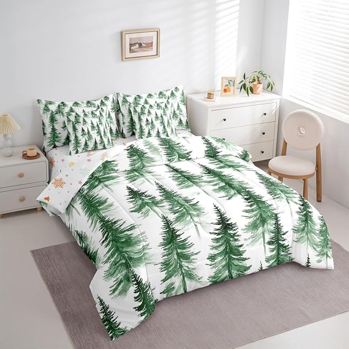 Erosebridal Green Christmas King Comforter Set with Sheets 7 Piece Winter Forest Pine Tree Bed in A Bag Merry Christmas Tree Theme Bedding Sets for Teens Teenager New Year Holiday Xmas Bed Set
