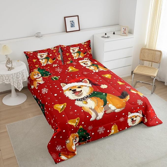 Cartoon Dog Comforter Set Queen Size,Bell Christmas Tree Star Snowflake Bedding Set for Kids Boys Girls Room Decor,Cute Corgi Xmas Theme Duvet Insert 3Pcs,Merry Christmas Red Quilt Set,2 Pillowcases