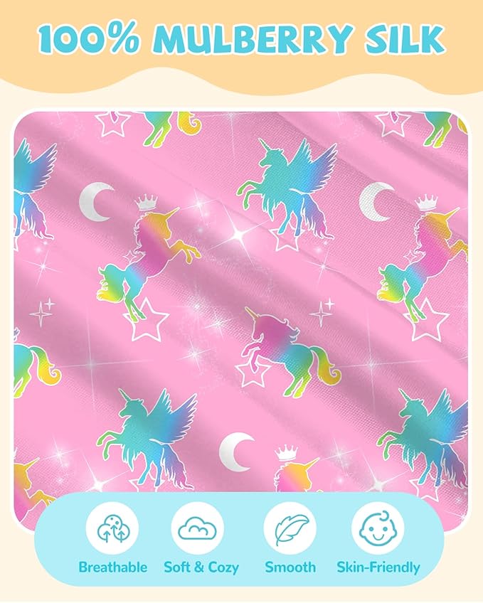 Silk Pillowcase for Kids - 30 x 20 Inches Queen Size Mulberry Silk Pillow Case with Zipper Cute Cartoon Kawaii Teens Girls Boys Pillowcase for Hair and Skin, Colorful Unicorn