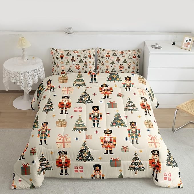 jejeloiu Xmas Nutcracker Comforter Set Full Size Christmas Beige Bedding Set for Kids Boys Girls Cute Snowflakes Duvet Quilt Bedroom Decor