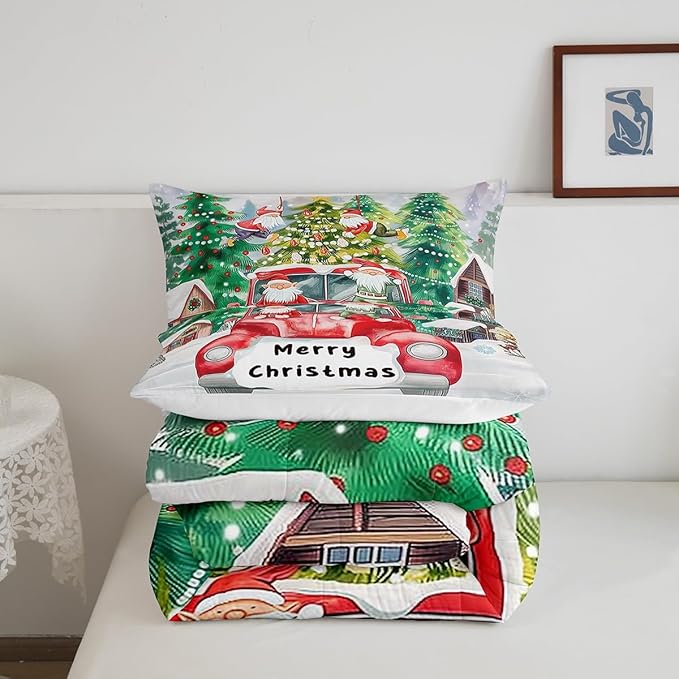 Christmas Tree Comforter Set Twin Size,Red Truck Gnome Bedding Set for Kids Boys Girls Room Decor,Merry Christmas Polka Dot Cartoon Quilt Set 2Pcs,Xmas Rustic Cabin Duvet Insert,1 Pillowcase
