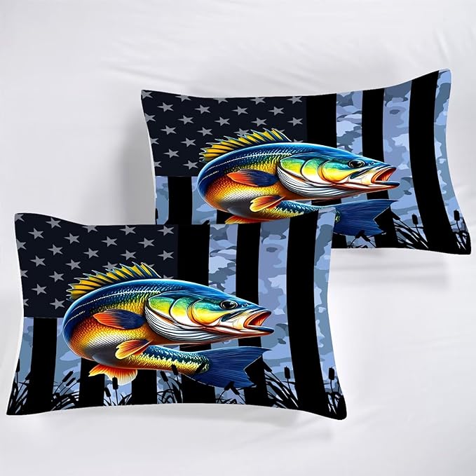 Bass Fish Comforter Set Full/Queen Size American Flag Bedding Set for Men Boys Teens Grey Fishing Lover Bedroom Camouflage Farmhouse Bed Set Wild Quilted, 1 Comforter 2 Pillowcases