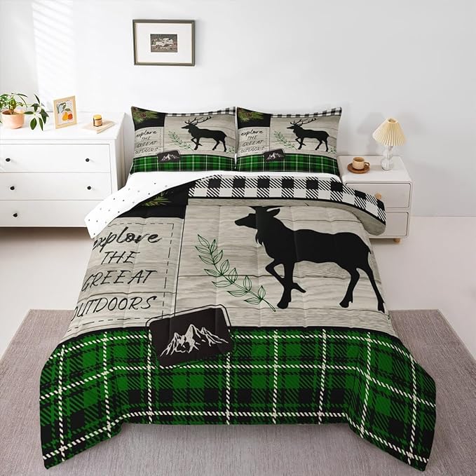 Elk Silhouette Kids Comforter Set Full Size,Palm Leaves Old Plank Bedding,Girls Boys Adults Bedroom/Xmas Cabin Decor,Camper Explore Down Comforter,Geometric Grids Plaid Duvet Insert,2 Pillowcases