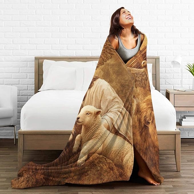 Jesus Blanket Lion Lamb Throws Christian Cross Print Plush Fuzzy Fleece Blankets Gifts for Girls Boys Women Super Soft Warm Cozy God Eagle Stuff for Men Women Couch Bed Sofa Bedding Decor 80"x60"