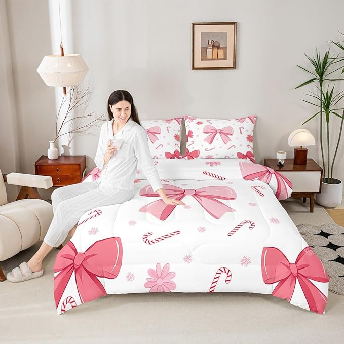 Feelyou Pink Bowknot Comforter Set All Season Christmas Candy Cane Snowflake Bedding Set with 1 Pillow Cases Cute Bow Microfiber Kids Toddler Bedclothes Dreamy Princess Style Bedroom Decor Duvet Quilt