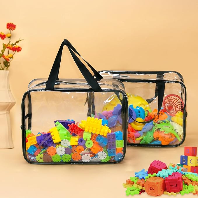 12.6 * 9.25 * 6.9 IN Extra Large Toy Storage Bags, 6 Packs Clear Waterproof Toy Organizer Bags with Labels, Dual Zippers and Portable Handheld Design, Board Game Storage for Building Blocks, Puzzle