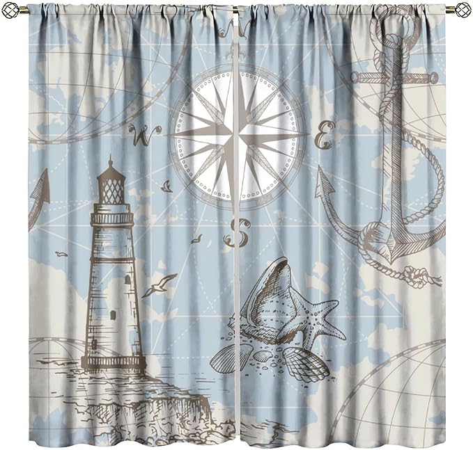 Nautical Costal Curtains, Compass Lighthouse Anchor Sailboat Pattern Blackout Print Home Bedroom Living Room Window Treatments 2 Panel Set 63x72 Inch