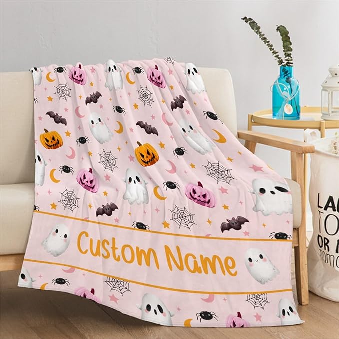 Custom Halloween Ghost Blanket | Personalized for Boys Girls | Plush Cozy Name Blanket | Halloween Decor Gifts | 40"x50"-Kids/Throw Size