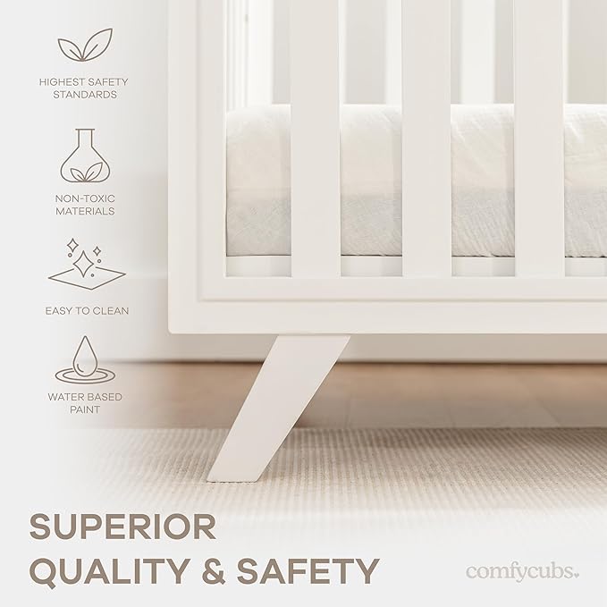 Comfy Cubs Baby Crib for 0 to 3 Years - Adjustable Mattress Height, Natural Wooden Crib for Baby, Elegant Nursery Furniture - 80 lbs Capacity Nursery Bed, Designed in The US - All White