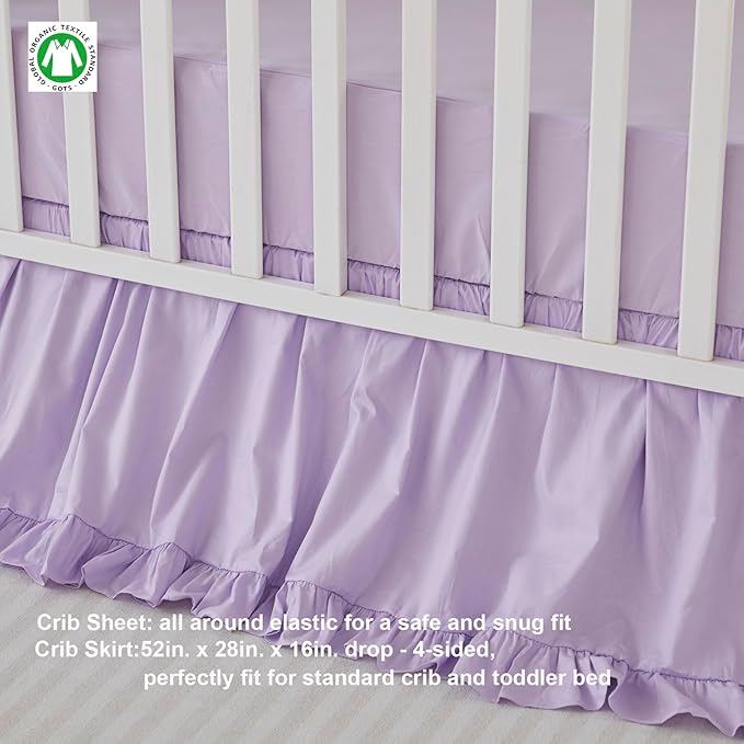 Brandream Farmhouse Crib Bedding Sets for Girls | 3 Piece Boho Chic Nursery Set Purple Baby Comforter, Fitted Crib Sheet, Crib Skirt Included, 100% Percale Cotton