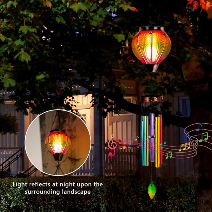 Starsoul Solar Wind Chimes for Outside, Flickering Flame Light Glass Solar Hot Air Balloon Wind Chimes, Outdoor Garden Windchimes Gift for Mothers Day, Christmas, Women, Grandma