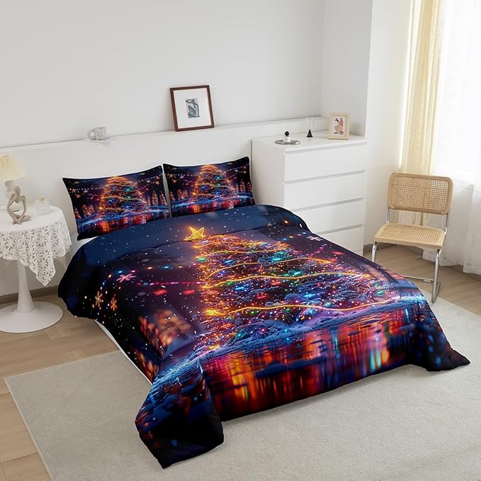 3D Christmas Tree Comforter Set King Size,Snowflake Glitter Polka Dot Duvet Insert for Kids Boys Girls Room Decor,Merry Christmas Bedding Set 3Pcs,Xmas Neon Style Fashion Quilt Set,2 Pillowcases