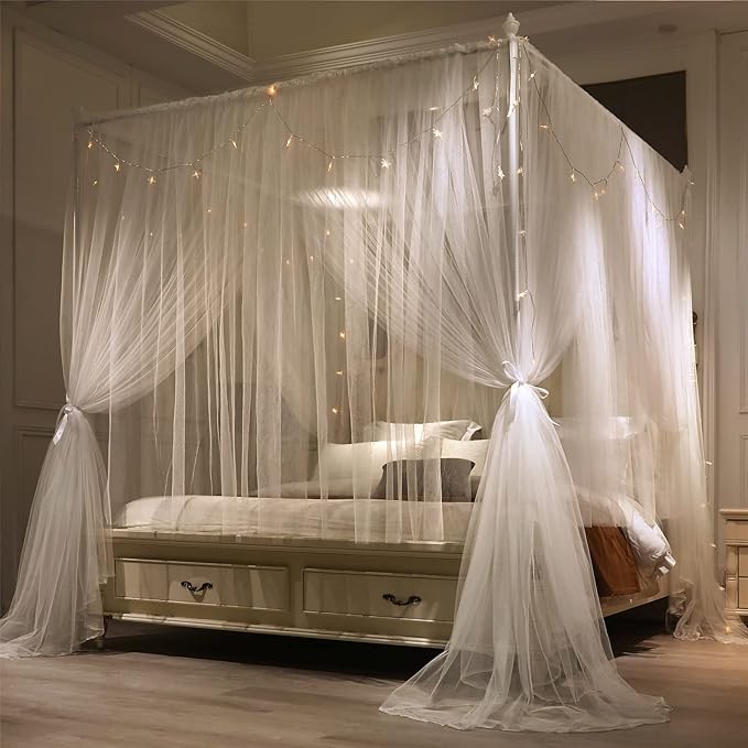 VETHIN 4 Corners Post Princess Bed Canopy Curtain Double Layer Cozy Drape Netting 4 Opening Mosquito Net for Girls & Adults Bedroom Decoration Accessories (Double White, 53" W*78" L*82"*H/(Full))