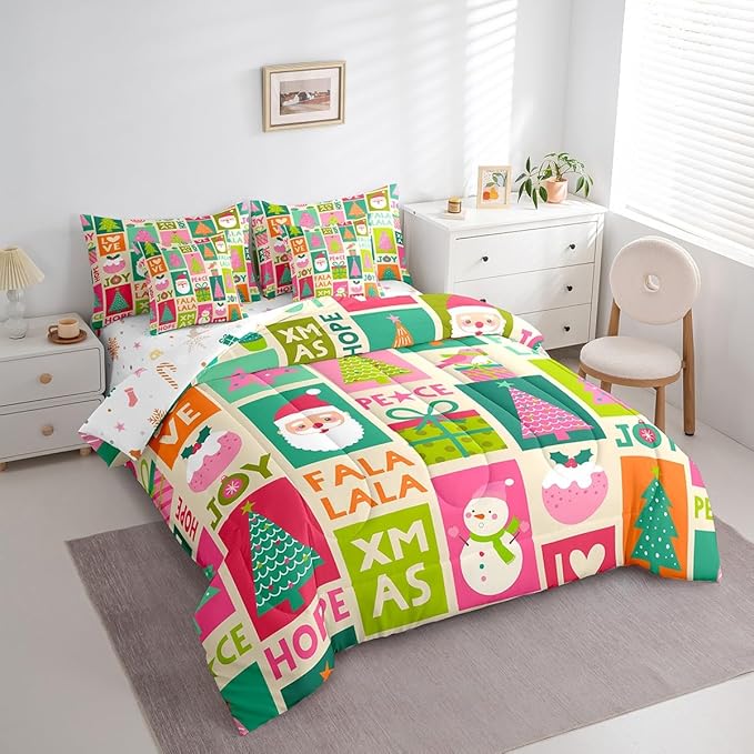 Feelyou Christmas Bed Set Snowman Christmas Tree Print Kawaii Comforter Set with Sheets Xmas Santa Claus Bed in a Bag for Kids Girls New Year Theme Bedding Set Bedroom Collection King Size