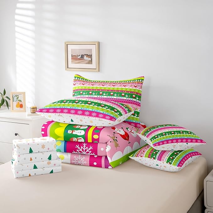 Feelyou Christmas Bed Set Snowman Christmas Reindeer Print Comforter Set with Sheets Xmas Santa Claus Bed in a Bag for Kids Girls New Year Theme Bedding Set Bedding King Size
