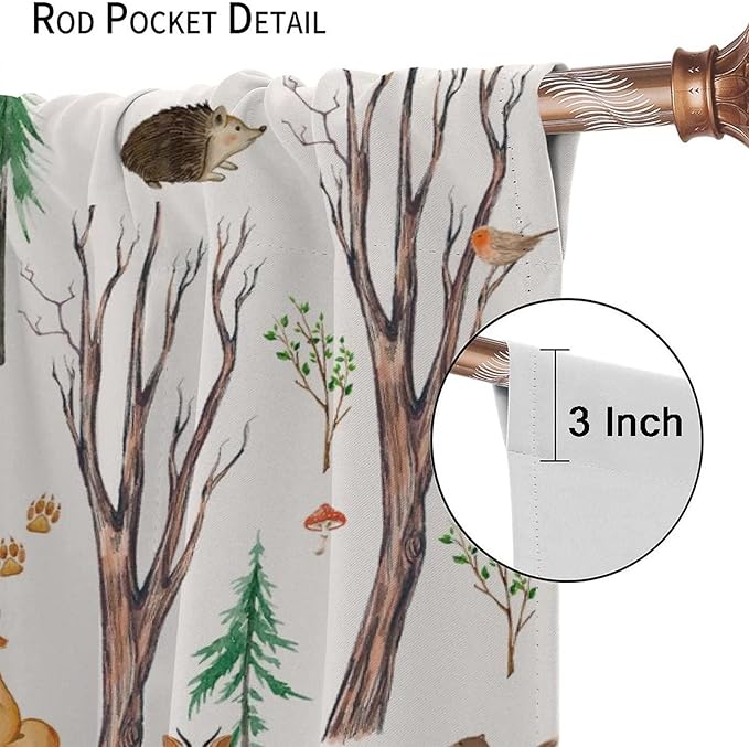 Forest Animal Kids Curtains, Watercolor Cartoon Window Treatments, Cute Animal Floral Girl Toddler Home Bedroom Living Room Drapes 63x72in