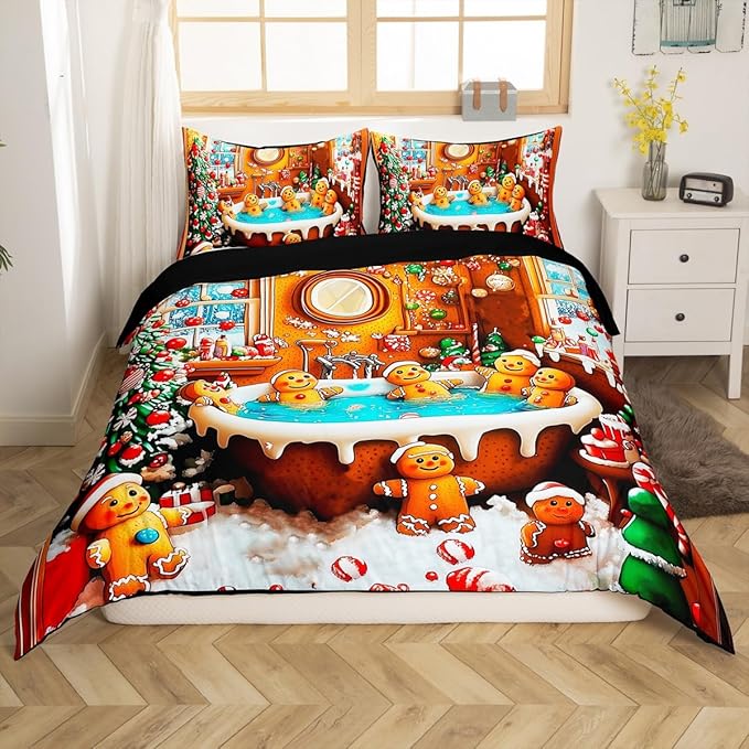 Feelyou Kids Christmas Gingerbread House Duvet Cover, Funny Gingerbread Man Bedding Set Queen Size, Merry Christmas Comforter Cover