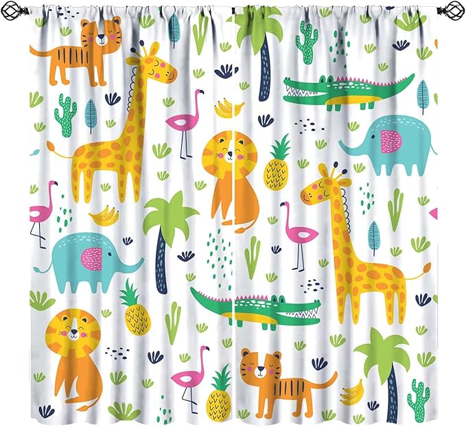 Kids Animals Blackout Curtains Cartoon Cute Abstract Fun Tropical Animals Art Printed for Children Girls Boys Bedroom Nursery Rod Pocket Decoration Window Drapes 2 Panels W21xL45in