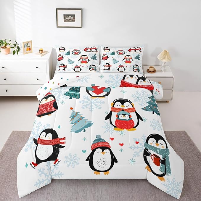 Castle Fairy Winter Snowflake Happy Xmas Theme Comforter Set with 2 Pillowcases,Christmas Tree Super Soft Microfiber Bedding Set for Adults Teens,Cartoon Penguin Duvet Set for Room Decor,King