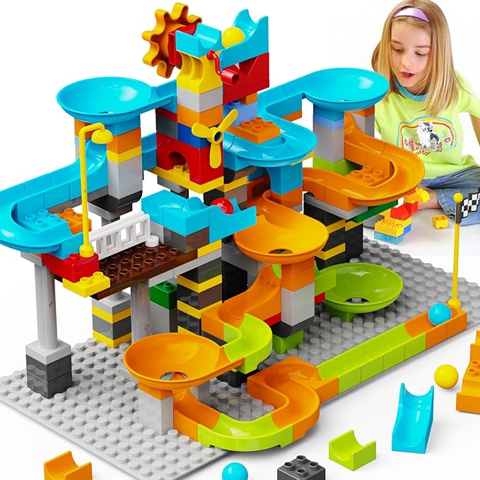 JIXIn 3in1 Marble Runs for Kids 4-8/Building Blocks Compatible with LEGO DUPLOS for Age 2-5/Marble Run for Kids Ages 3-5 STEM Toy Set with 164 Pcs Classic Big Block/Gift Toys for Kid Ages 3 4 5 6 7 8+