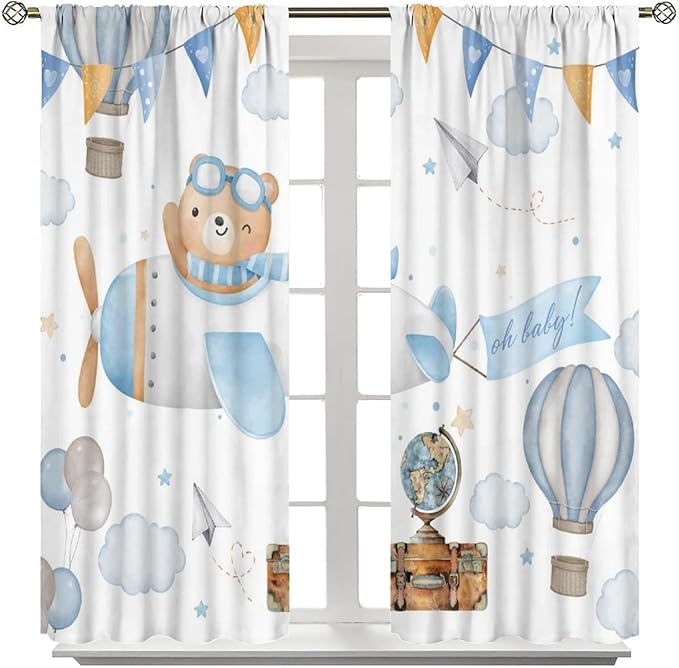 Blue Bear Curtains, Cute Lovely Bear Adventure Airplane Cloud Pastel Blackout Window Treatments, Rod Pocket Thermal Insulated Drapes 2 Panel Sets for Kids Bedroom Nursery Classroom, 42"W X 63"L