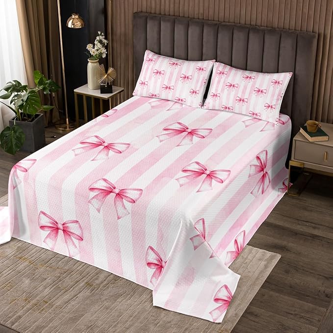Pink Bowknot Kids Bedspread Twin Size,Bow Tie Geometric Stripe Coverlet Set,Girls Women Room Decor,Butterfly Knot Princess Style Fashion Quilted Coverlet,Pink Romantic Bedding Quilt,1 Pillowcase