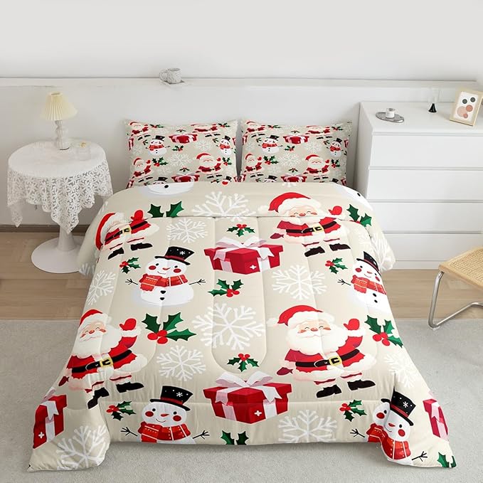 jejeloiu Merry Christmas Comforter Set Queen Size Xmas Santa Claus Bedding Set for Kids Boys Girls Cute Snowman Duvet Quilt Beige Bedroom Decor