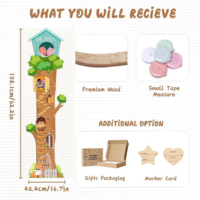 Personalized Wooden Growth Chart, Tree House Animals Height Chart for Kids Room, Wood Kids Measuring Chart, Nursery Growth Chart Ruler Measuring Board for Boys Girls