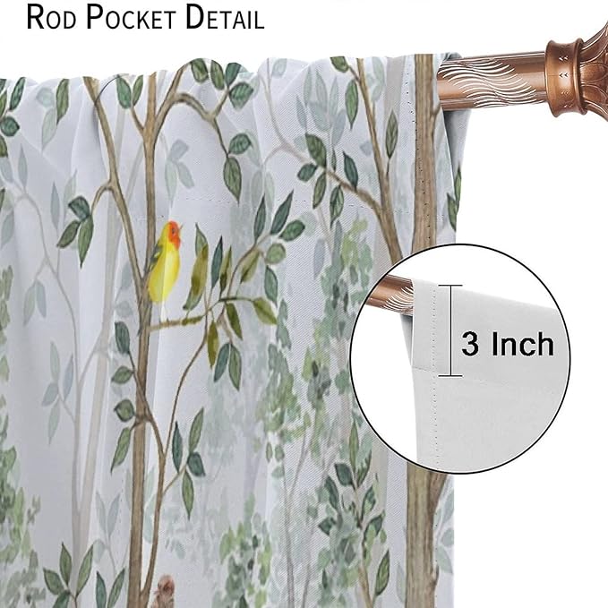Kids Watercolor Woodland Animal Window Curtains, Bear Deer Squirrel Hedgehog Fox Birds Green Forest Blackout Rod Pocket Treatment for Boys Girls Bedroom 42x54in