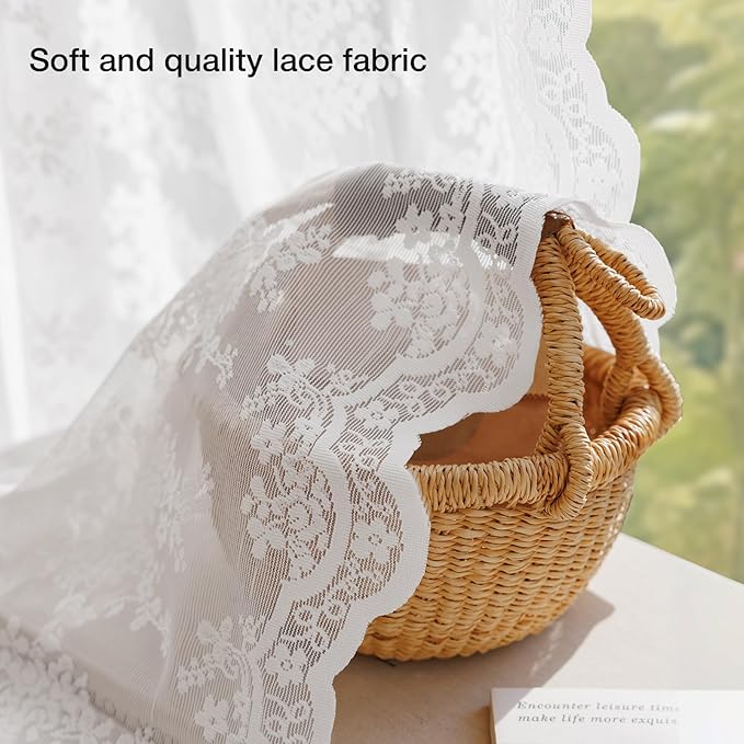 Anmao Vintage Lace Curtains 90 Inches Long 2 Panels Set, Romantic Elegant Light Filtering Semi Sheer Floral Thick Lacy Curtain Drapes for Living Room and Bedroom, Each Panel 55W x 90L, Bright White