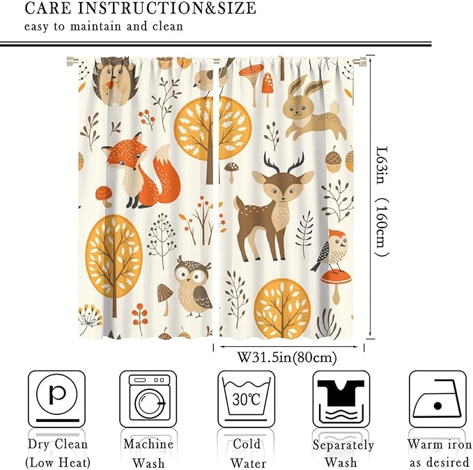 Kids Forest Animal Curtains,Baby Bedroom Window Treatments, Cartoon Watercolor Forest Animal Lion Boys Girls Children Bedroom Drapes 63x63in