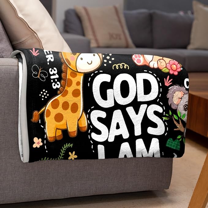 Bible Verse Blanket, Christian Gifts, God Says I am Blankets,Giraffe Lion Koala Elephant Print Animal Blankets, Cute Religious Baptism Gift for Son,Animals Lover Room Bed Decoration, 30"x40"