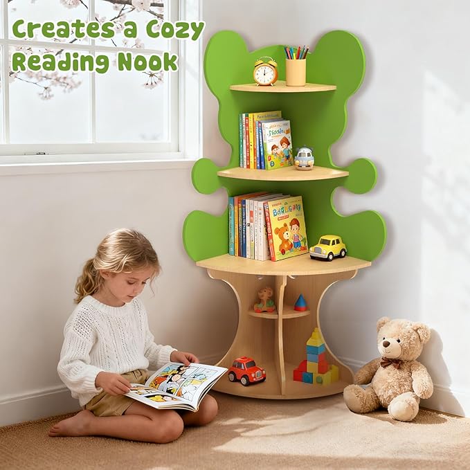 Bookshelf for Kids, Children Bear-Bookshelf, Space-Saving Montessori Toddler Corner Bookcase for Nursery, Classroom, Kindergarten, Kids Rooms