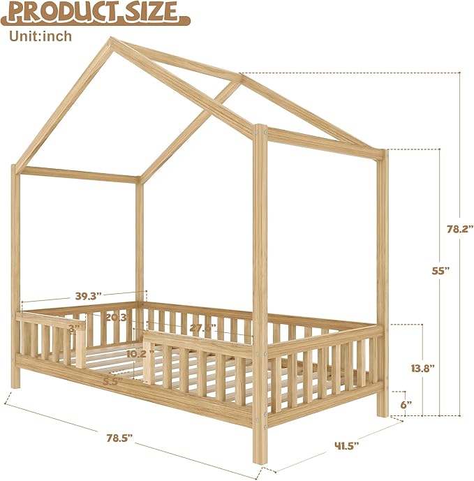 Bellemave Twin House BedFrame with Canopy, Montessori Floor Bed, House Bed with Rails for Kids, Natural