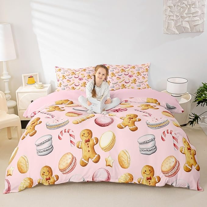 Feelyou Christmas Duvet Cover Twin Size Cute Christmas Gingerbread Man Comforter Cover for Boys Girls Xmas Sweet Macarons Bedding Set 2Pcs Reversible Pink Room Decor