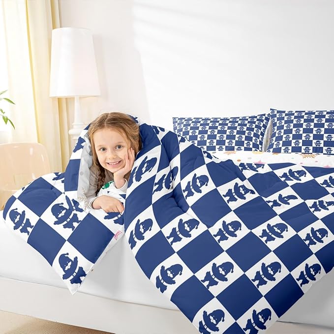 Feelyou Christmas Comforter Set King Size Checkered Bedding Set for Kids Boys Girls Santa Claus Duvet Quilt Xmas Decorations Bedroom Decor Blue Microfiber 3 Pcs with 2 Pillow Cases