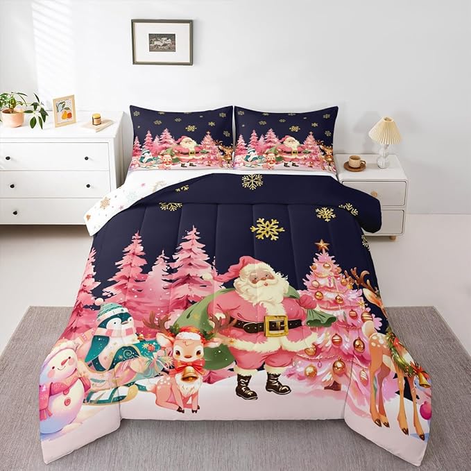 jejeloiu Merry Christmas Comforter Set King Size Santa Claus Bedding Set for Kids Boys Girls Cute Deer Duvet Quilt Dark Blue Bedroom Decor