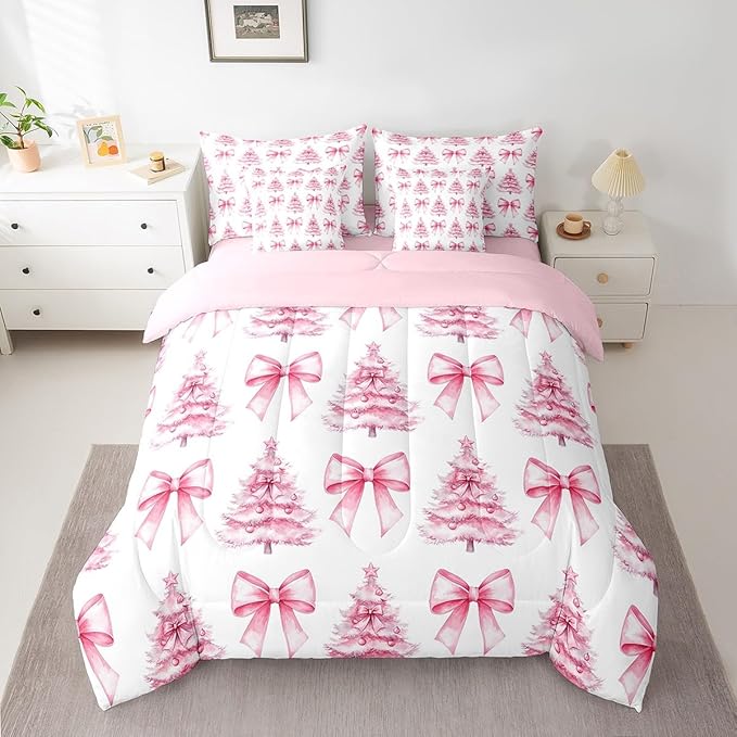 Manfei 7 Pieces Pink Bowknot Kids Comforter Twin,Christmas Trees Pine Bow Tie Toddler Bedding Set,Merry Christmas Happy New Year Xmas（Comforter+Fitted+Flat Sheet+2 Pillowcases+2 Throw Pillow Covers）