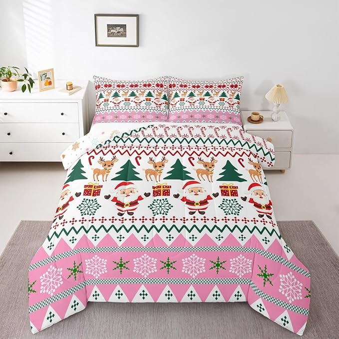 Feelyou Merry Christmas Comforter Set All Season Santa Claus Bedding Set with 2 Pillow Cases Cute Deer Microfiber Kids Full Bedclothes Snowflake Bedroom Decor Duvet Quilt Breathable Soft
