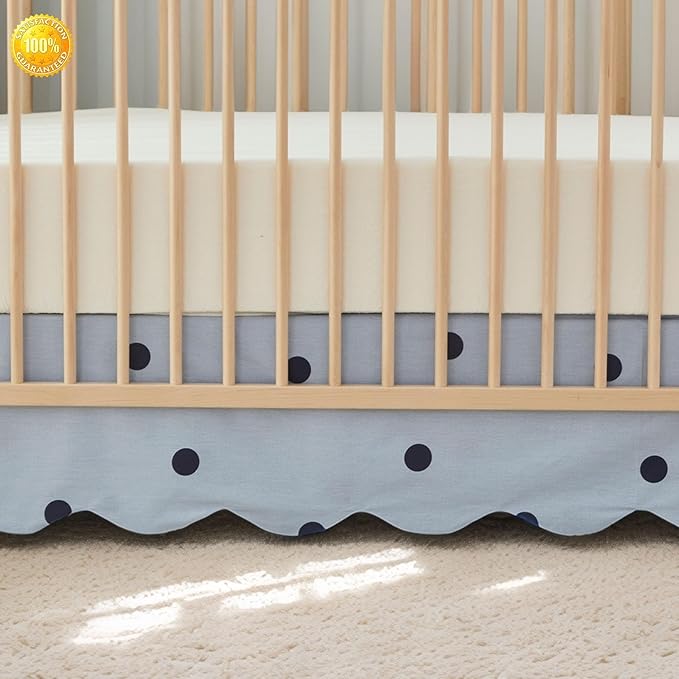 Brandream Scallop Edge Cotton Crib Skirt, Baby Boy Girl Gender Neutral Crib Skirt Toddler Bedskirt Farmhouse Chic Nursery Crib Bed Skirt, Boho Bohemian Solid Mist Blue Polka Dots