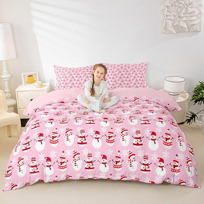 Christmas Bedding Duvet Cover Set Kids Cartoon Christmas Snowman Bedding Set Boys Girls Decor Snowflake Comforter Cover Set Microfiber Pink Xmas Theme Bedspread Cover Bedroom Bedclothes Twin Size