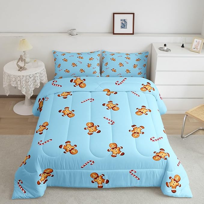 jejeloiu Kids Cute Gingerbread Man Comforter Set Queen Size Christmas Theme Bedding Set for Boys Girls Teens Xmas Candy Cane Happy New Year Duvet Quilt Room Decor
