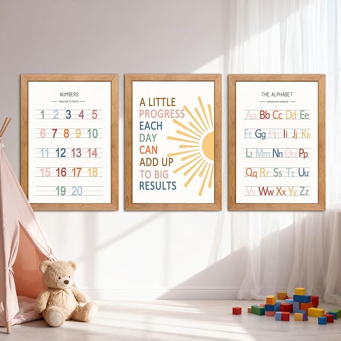 3 PCS Alphabet Numbers Framed Playroom Wall Decor,Classroom Must Haves,A Little Progress Each Day Boho Educational ABC Poster Wooden Sign for Baby Girl Kid Boy Toddlers,Neutral Preschool English Letters Nursery Decor for Homeschool Kindergarten Kids Le...