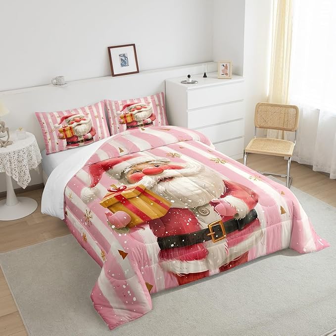 Cartoon Santa Claus Comforter Set Twin Size,Merry Christmas Snowflake Bedding Set for Kids Boys Girls Room Decor,Red Pink Stripes Quilt Set 2Pcs,Xmas Theme Microfiber Duvet Insert,1 Pillowcase