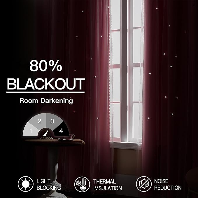 XiDi Pink Curtains for Kids Girls Bedroom 2 Panels Blackout Double Layer Curtains with Sheer Overlay 72 Inches Length for Nursery Princess Room Star Cut Out Home Decor Grommet Window Drapes W52 X L72