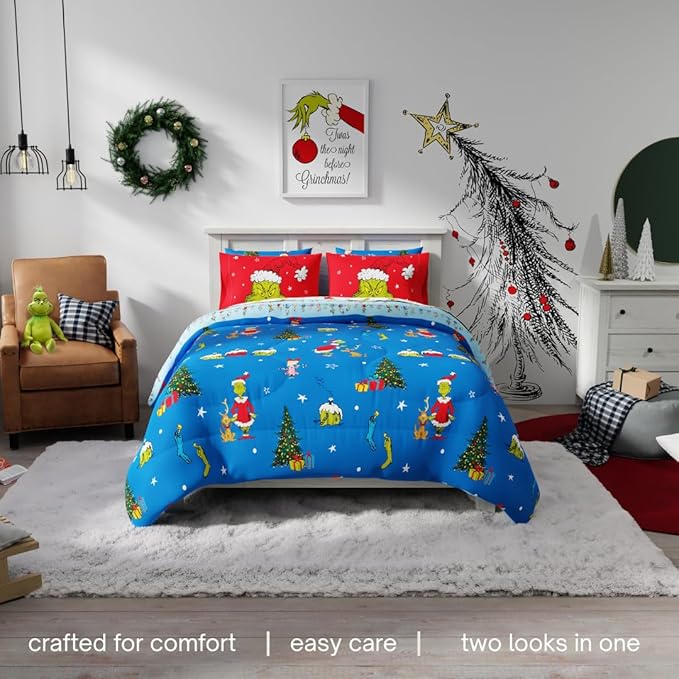 Grinch by Dr. Seuss Holiday & Christmas Bedding Super Soft Comforter and Sheet Set with Sham, 7 Piece Full Size (Official Dr. Seuss Product) by Franco