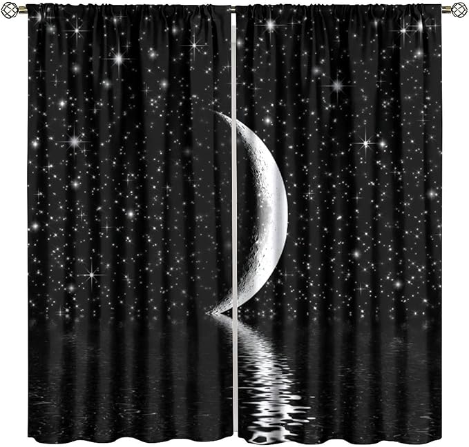 Night Starry Sky Curtain, Black Moon Phase Cloud Stars White New Moon Sparkly Shiny Galaxy Space Lake Fantasy Window Curtains for Kids Boys Girls Room Bedroom Living Room 84" W X 84" L