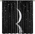 Night Starry Sky Curtain, Black Moon Phase Cloud Stars White New Moon Sparkly Shiny Galaxy Space Lake Fantasy Window Curtains for Kids Boys Girls Room Bedroom Living Room 52" W X 84" L